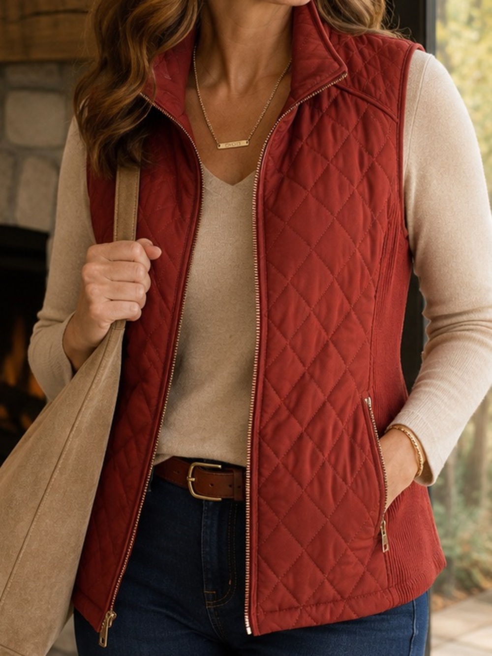 Chico’s Brick Red Quilted Zip Front Vest Women’s Large Lightweight Puffer Layer
